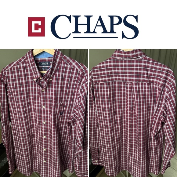 Chaps Men’s L/S Maroon/white Plaid Button Up Size L - Picture 1 of 12